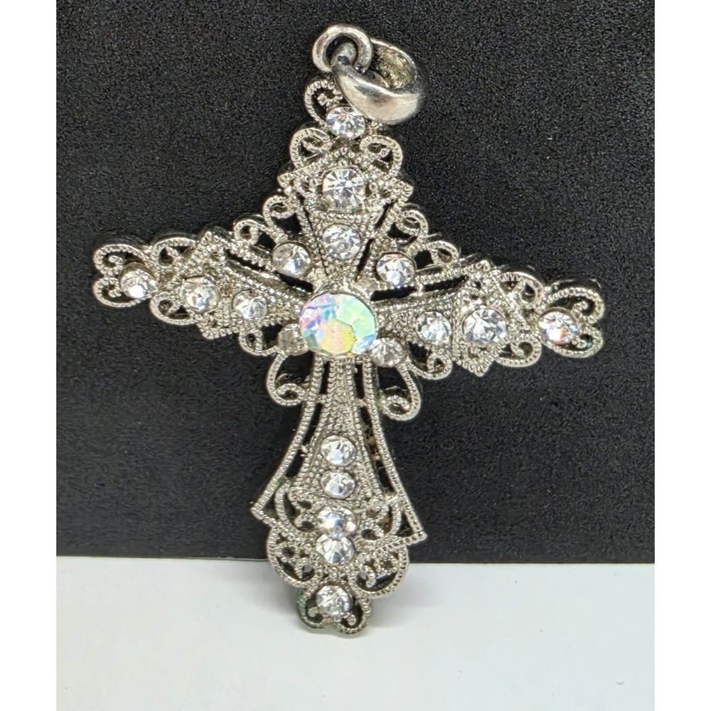 Vibrant Crystal Rhinestone Cross Pendant Silver Tone Incricate Filigree 2.5"